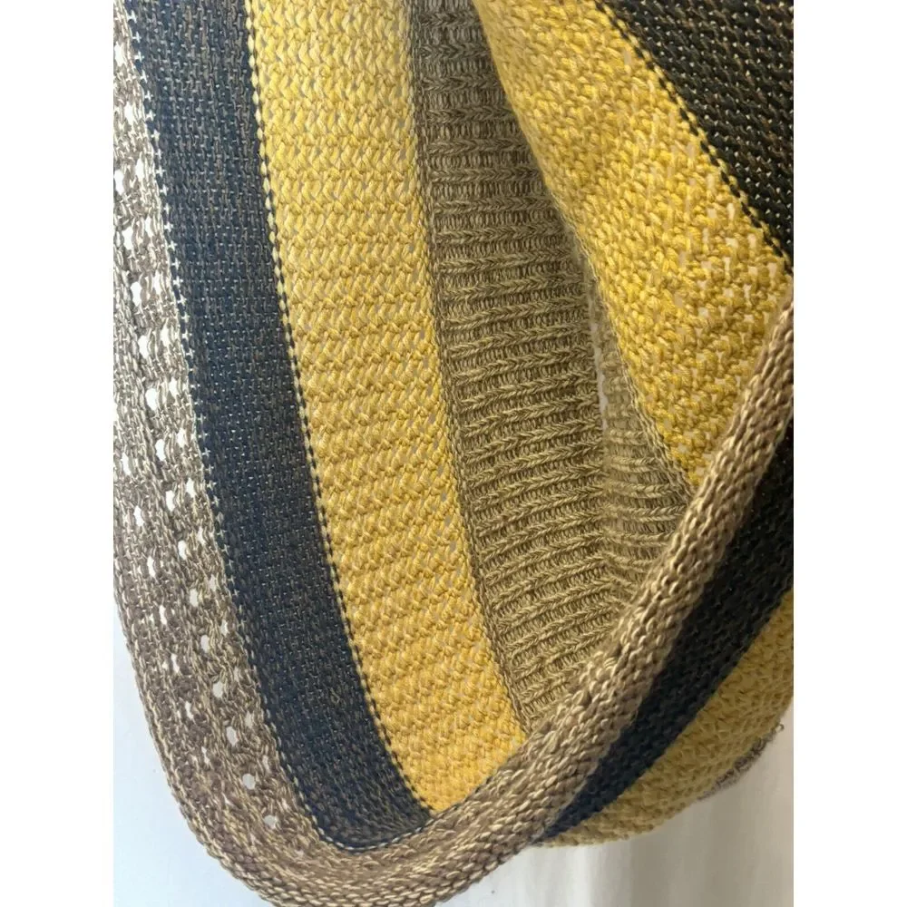 Rook Chunky tan Navy‎ yellow crochet stripes winter Infinity scarf V21